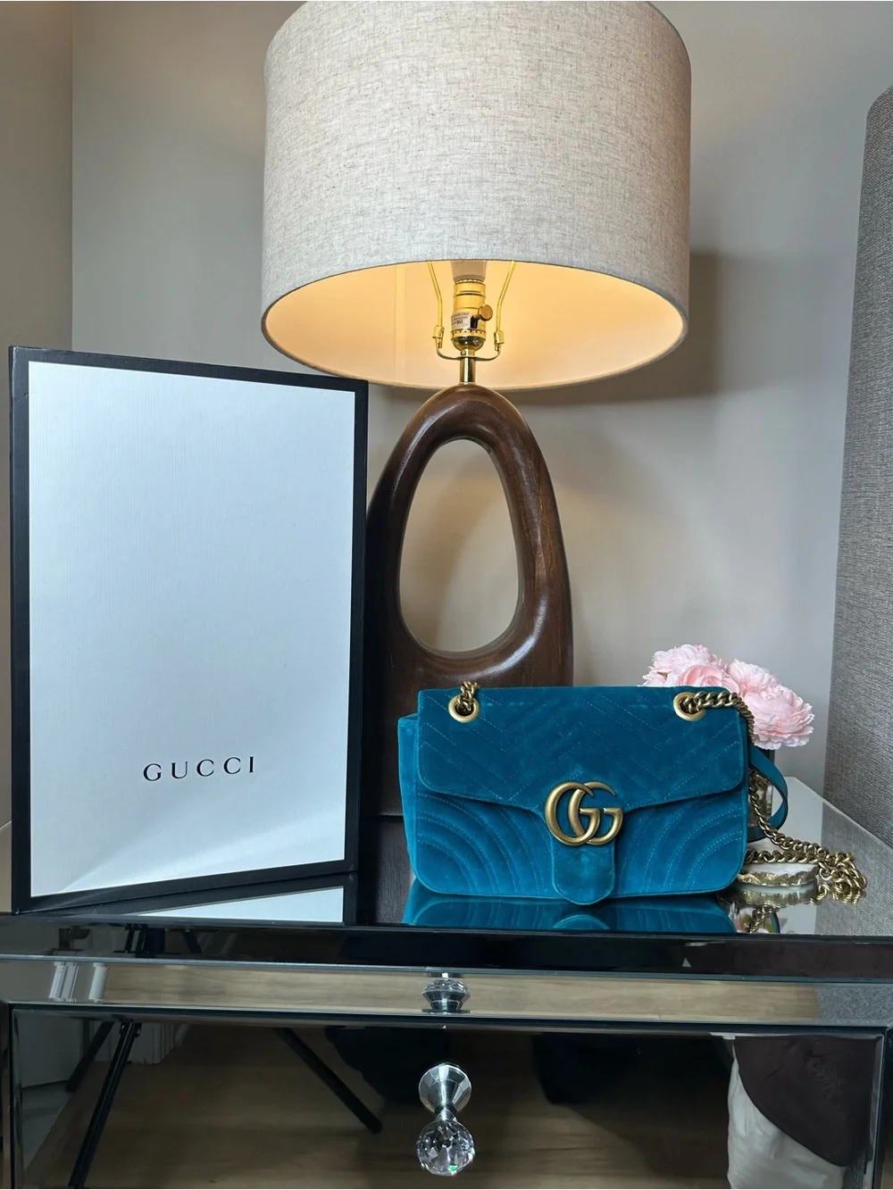Small Gucci Teal Velvet GG Marmont Shoulder Bag with Gold Hardware - Picture 3 of 12